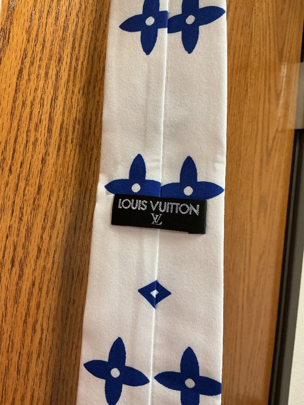 Boutique LV-Inspired Silk Skinny Scarf / Tie – Blue & White Monogram Print